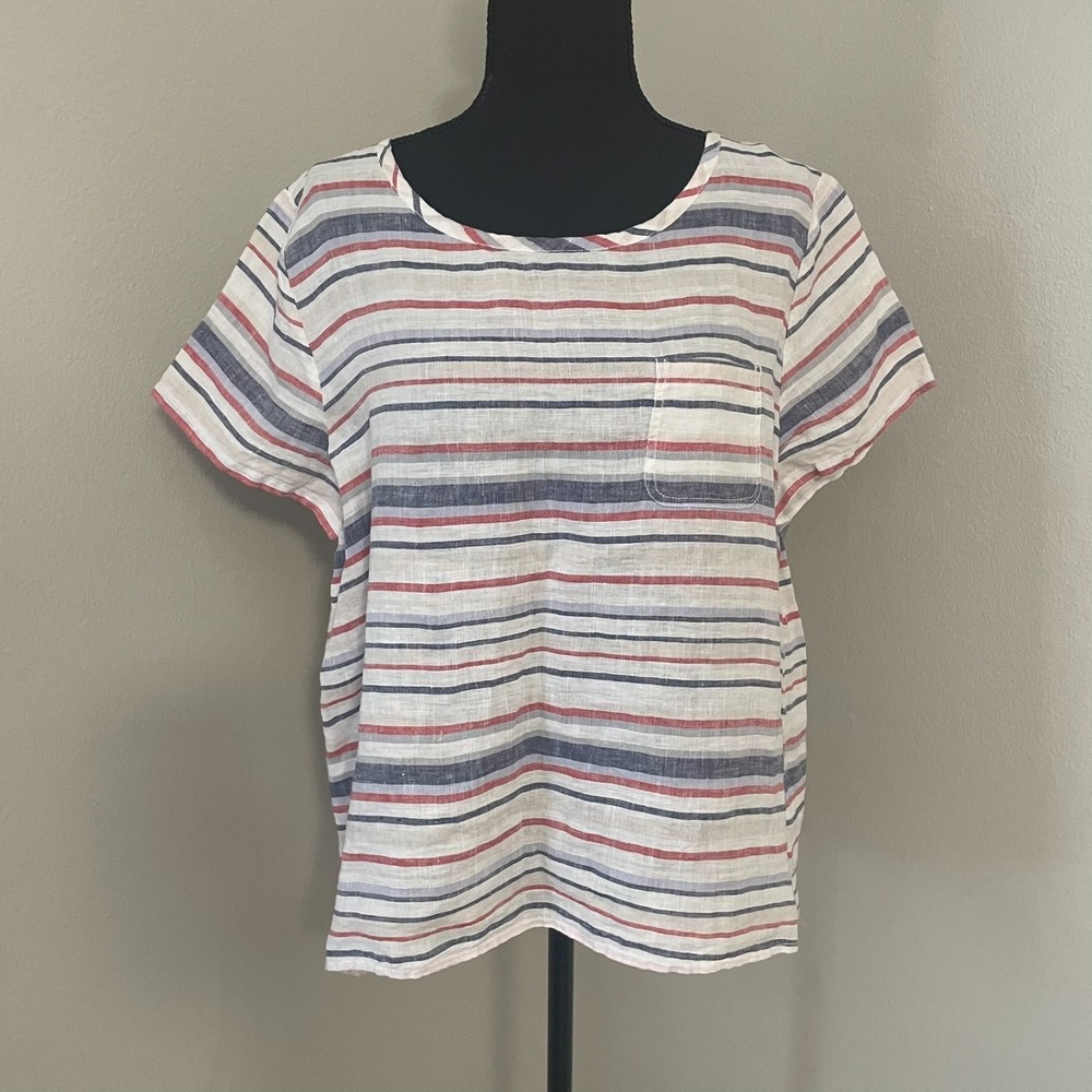 ARTISAN NY Womens Sz L 100% Linen Striped Short Sleeve Top Blouse Summer‎